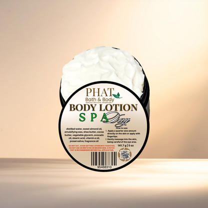 Body lotion container with 'PHAT Bath & Body' label on a gradient background