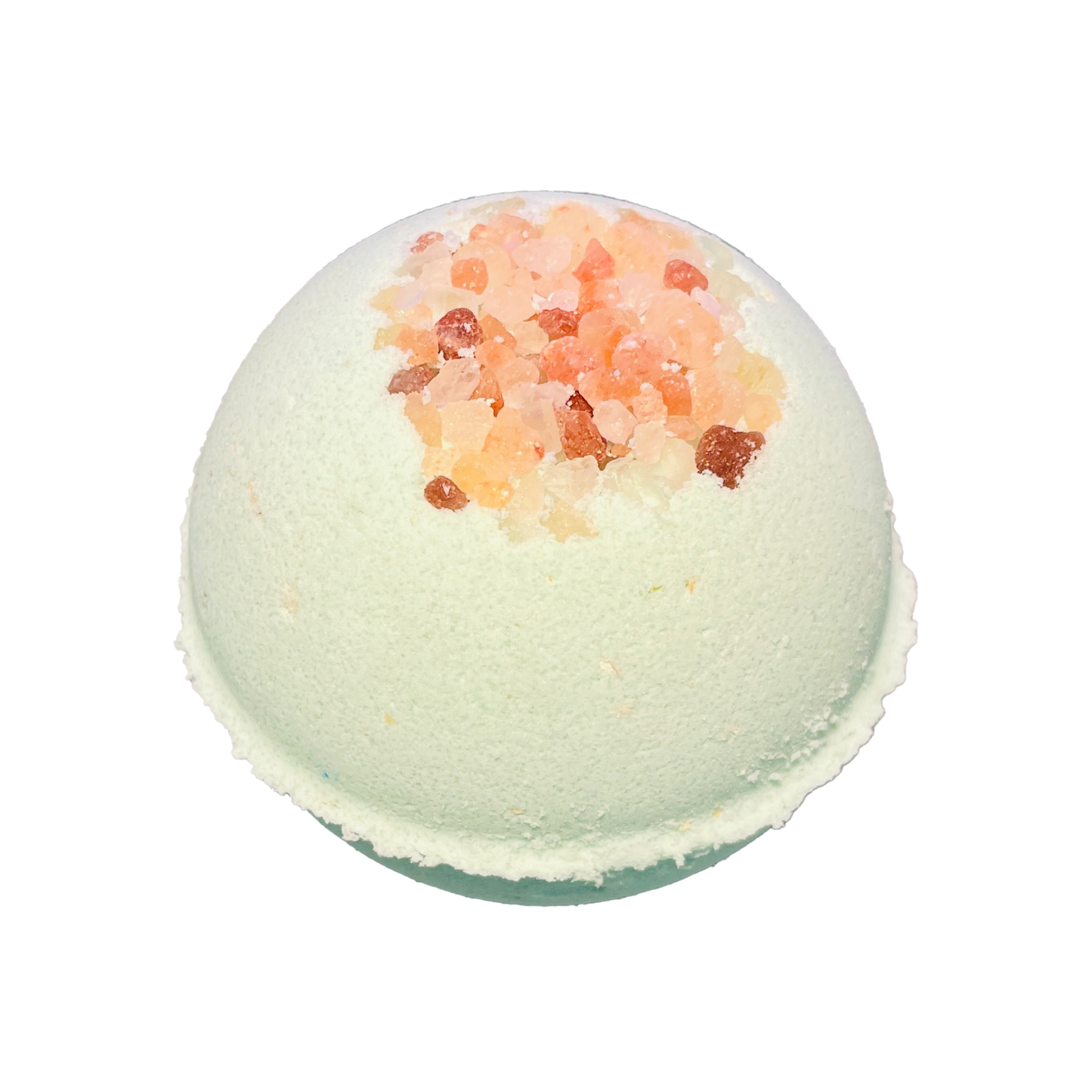 Green bath bomb with pink salt on a white background