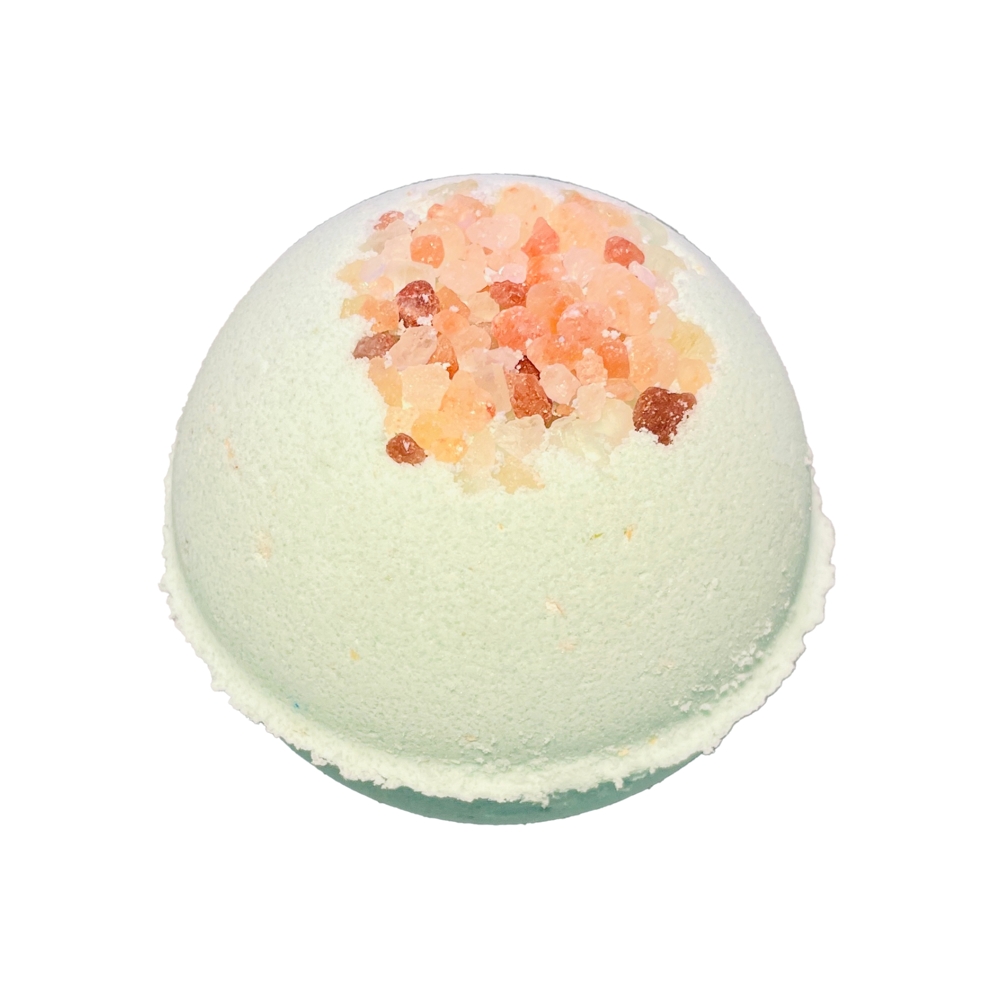 Green bath bomb with pink salt on a white background