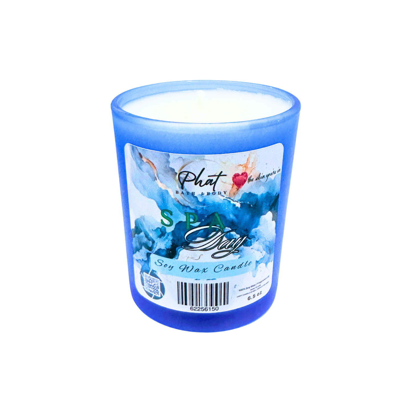Blue candle with a label on a white background