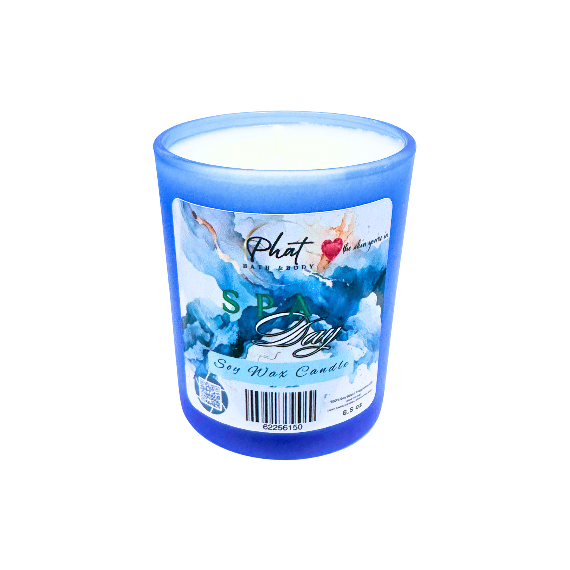 Blue candle with a label on a white background