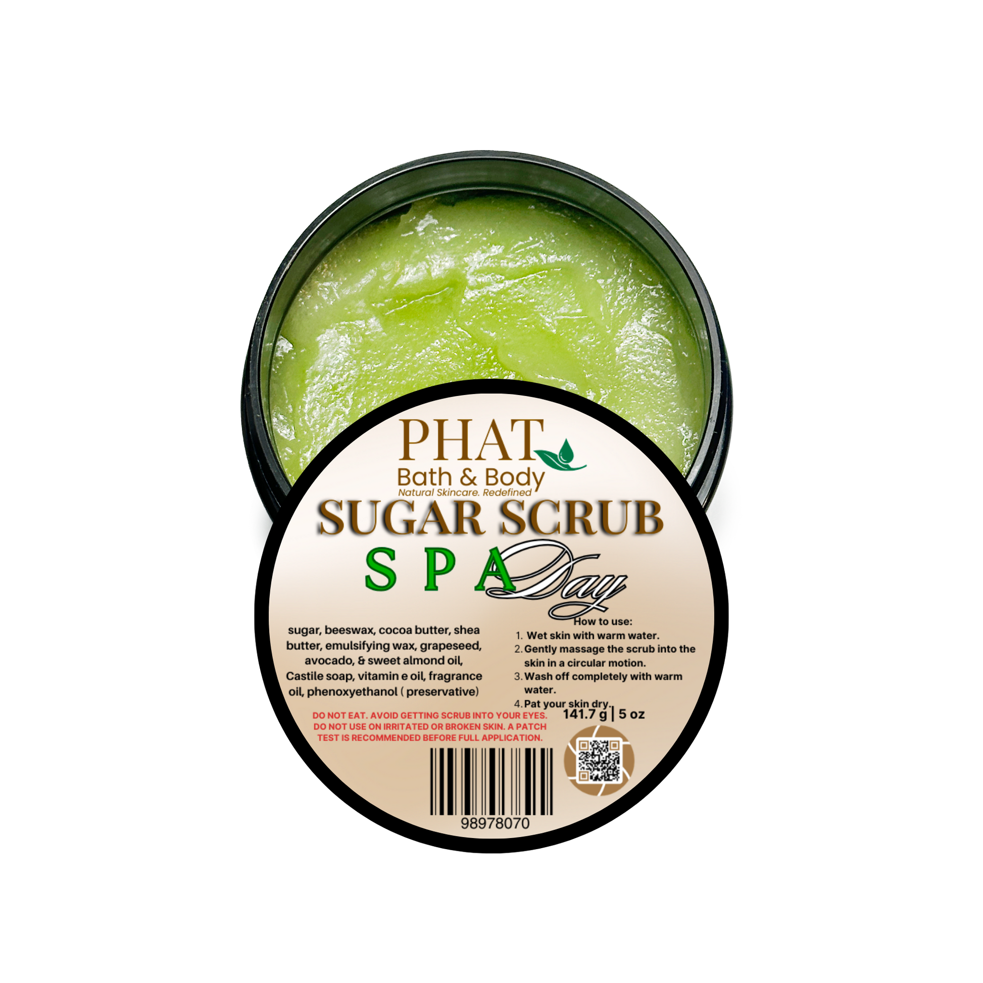 Green sugar scrub in a container with 'Phat Bath & Body' branding on a white background