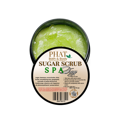 Green sugar scrub in a container with 'Phat Bath & Body' branding on a white background