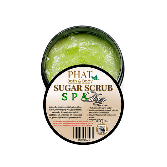 Green sugar scrub in a container with 'Phat Bath & Body' branding on a white background