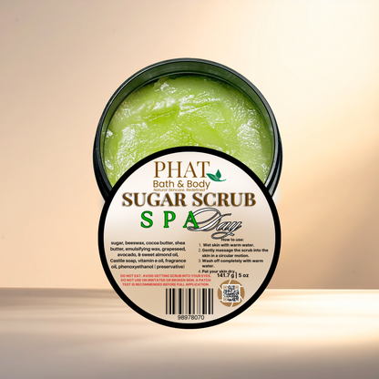 Green sugar scrub in a container with a label on a beige background