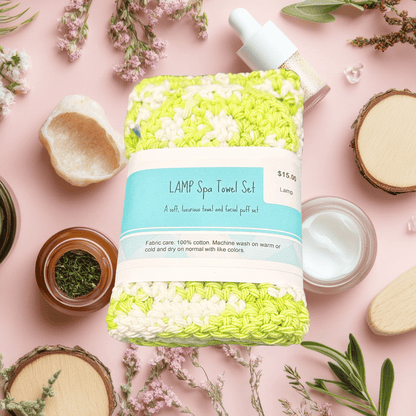 Lamp Spa Towel Set packaging with decorative elements on a pink background