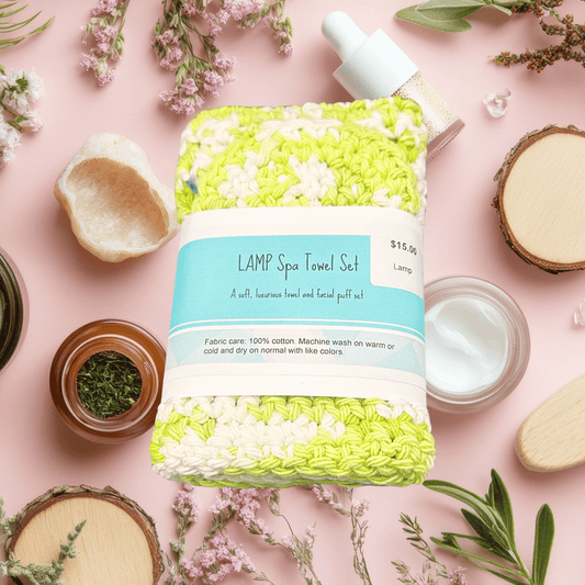 Lamp Spa Towel Set packaging with decorative elements on a pink background
