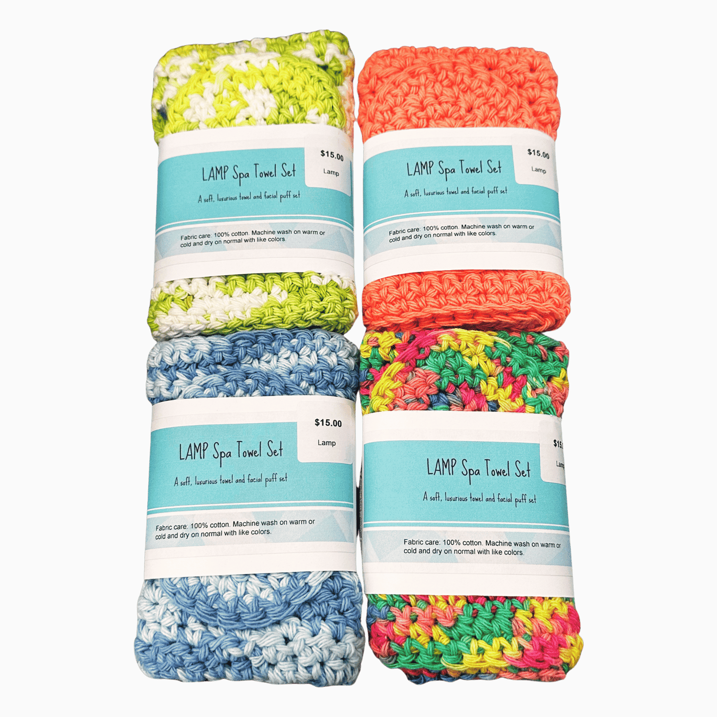 Set of four colorful crocheted towel sets with labels on a dark background