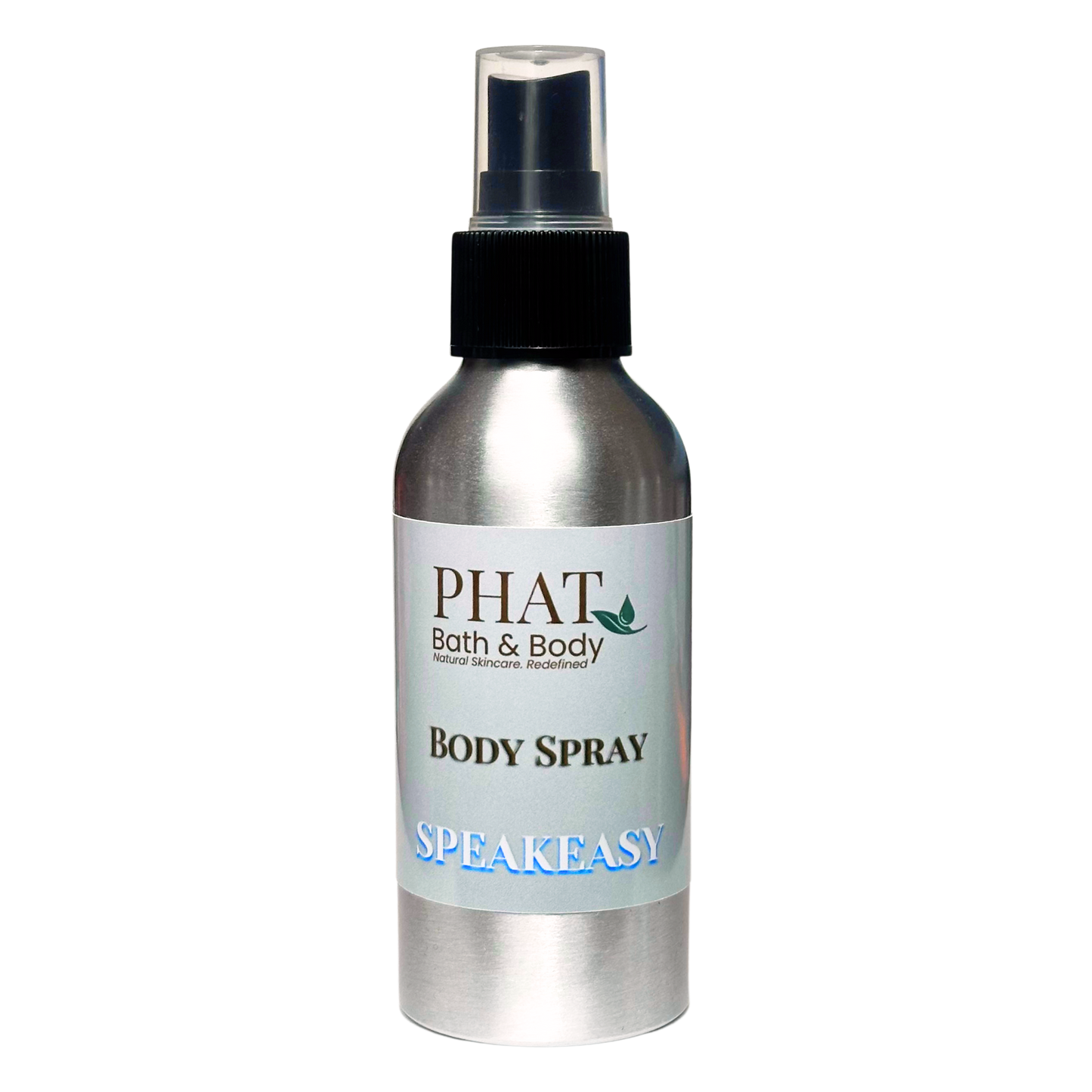 Body spray bottle labeled 'PHAT Bath & Body Speakeasy' on a white background