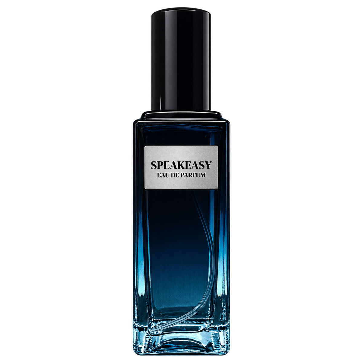 Phat Bath & Body Speakeasy men's Eau de Parfum in a tall rectangular dark blue glass bottle with a glossy black cap and silver label, isolated on a transparent background.
