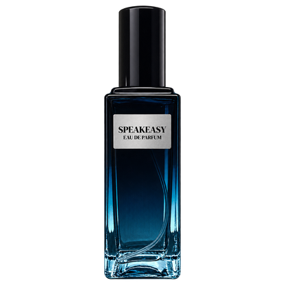 Phat Bath & Body Speakeasy men's Eau de Parfum in a tall rectangular dark blue glass bottle with a glossy black cap and silver label, isolated on a transparent background.