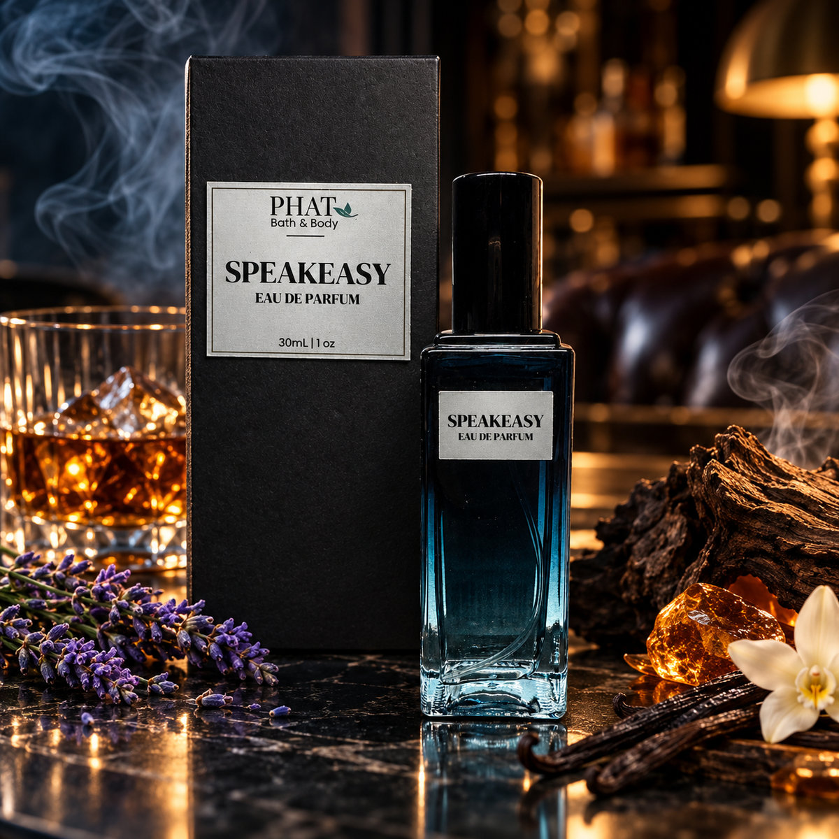 Speakeasy men's Eau de Parfum displayed with its black branded box, a glass of bourbon, aromatic lavender, smoky woods, warm amber accents, and vanilla in a sophisticated lounge setting.