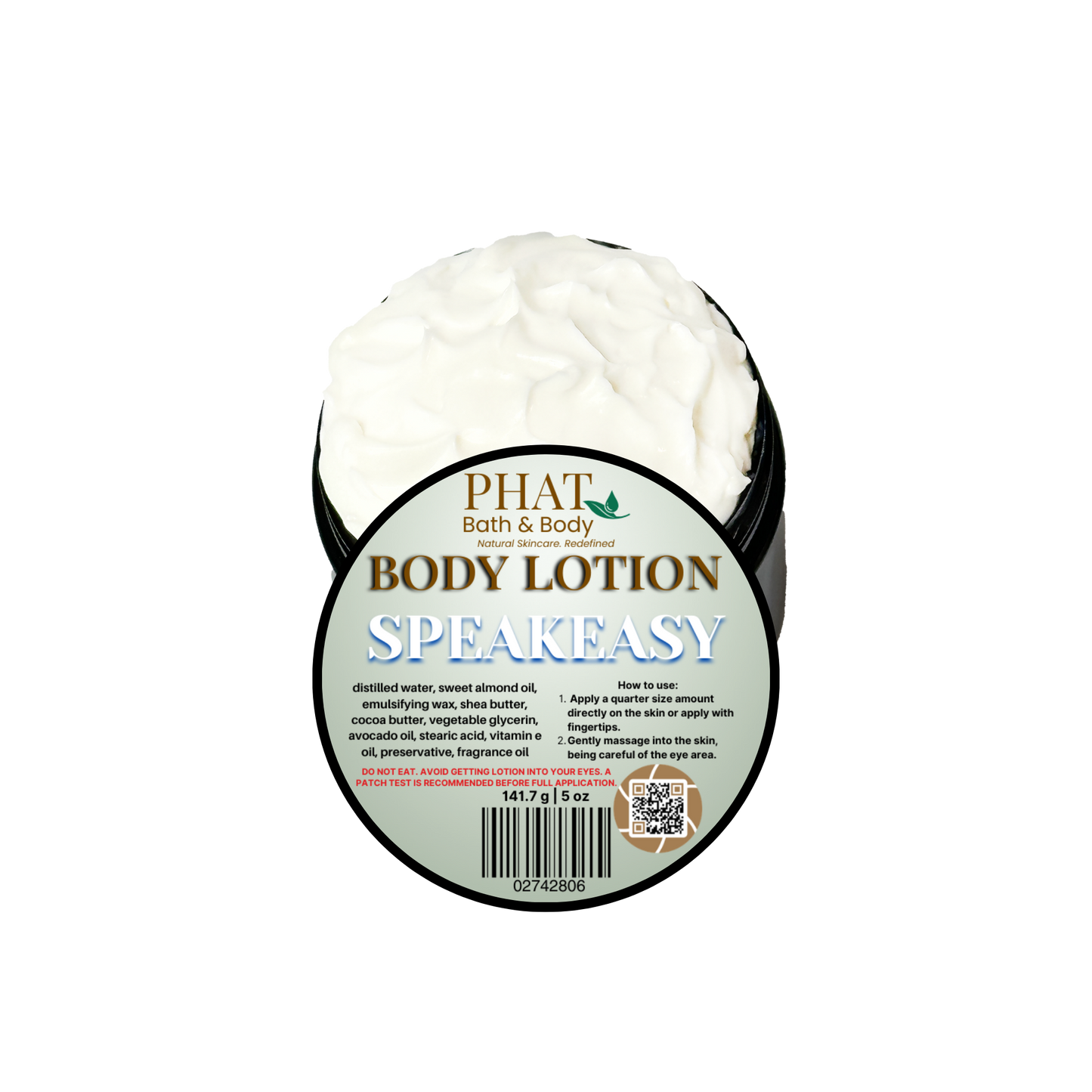 Body lotion container with 'Phat Bath & Body' label on a white background