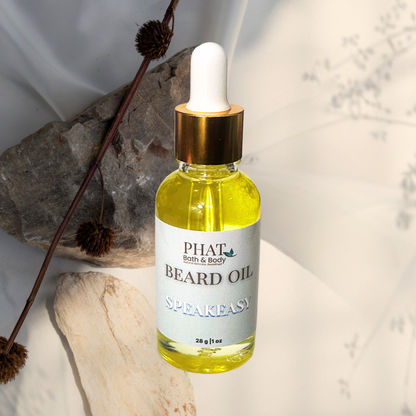 Bottle of Phat Bath & Body Speakeasy Beard Oil on a neutral background
