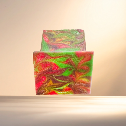Colorful soap bar with a marbled pattern on a neutral background