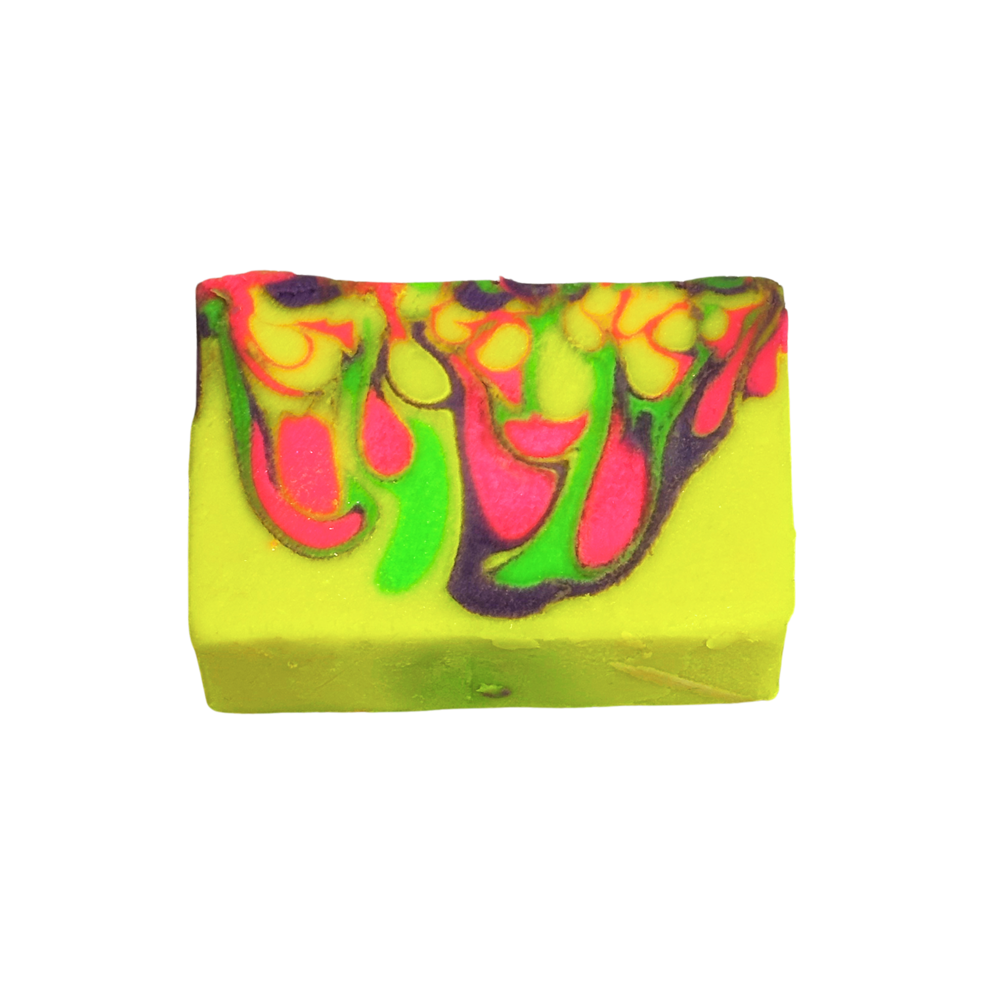 Colorful soap bar with green, pink, and purple swirls on a white background