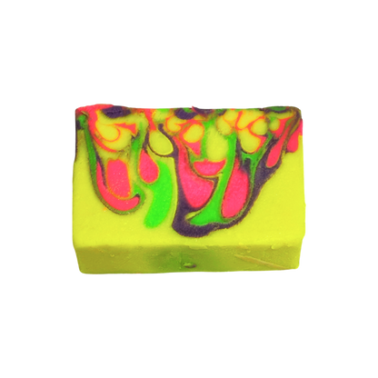 Colorful soap bar with green, pink, and purple swirls on a white background