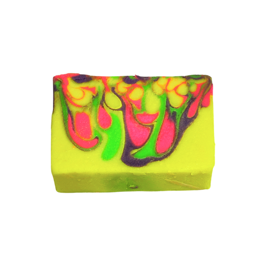 Colorful soap bar with green, pink, and purple swirls on a white background