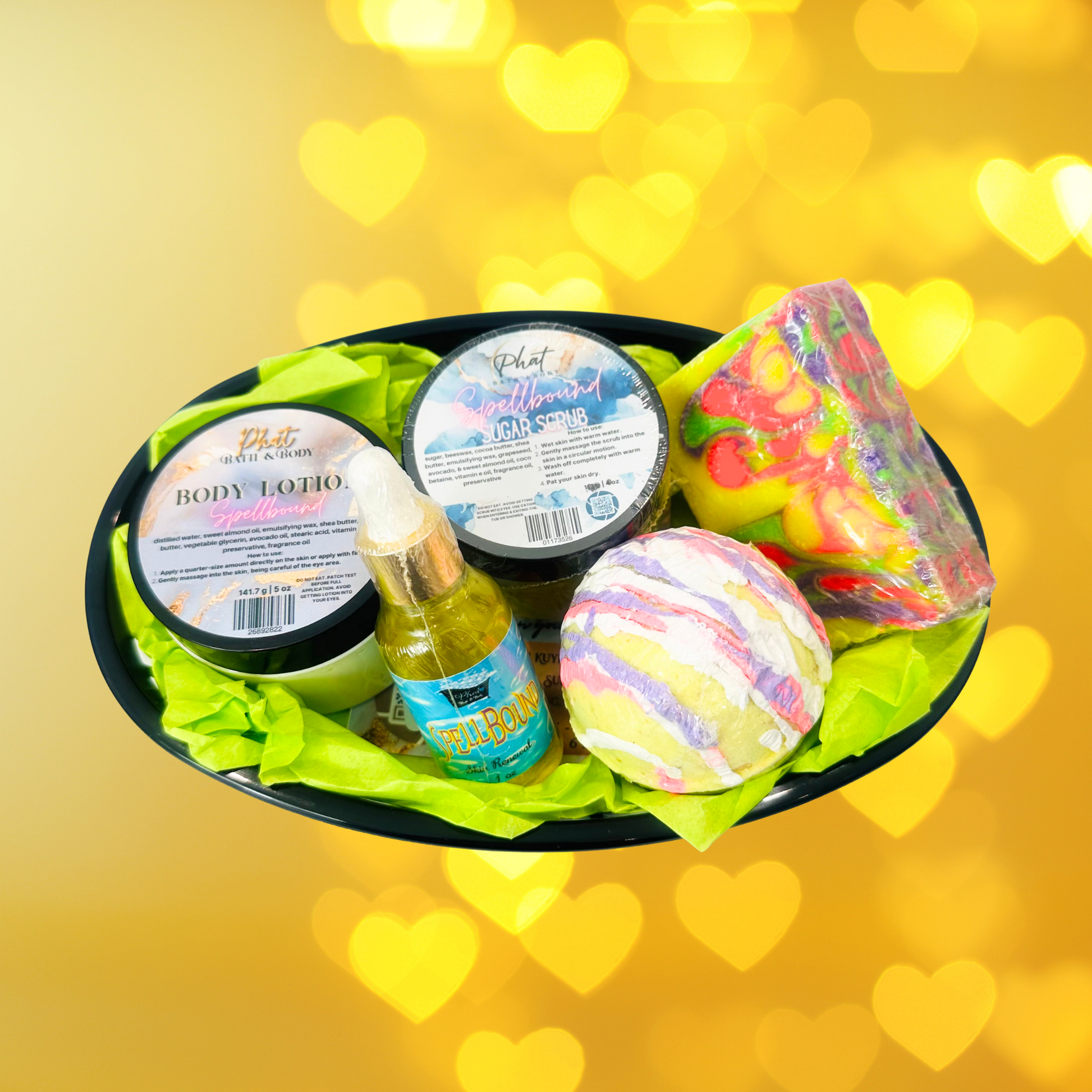 Assorted beauty products including a jar, bottle, and bath bomb on a yellow heart-patterned background