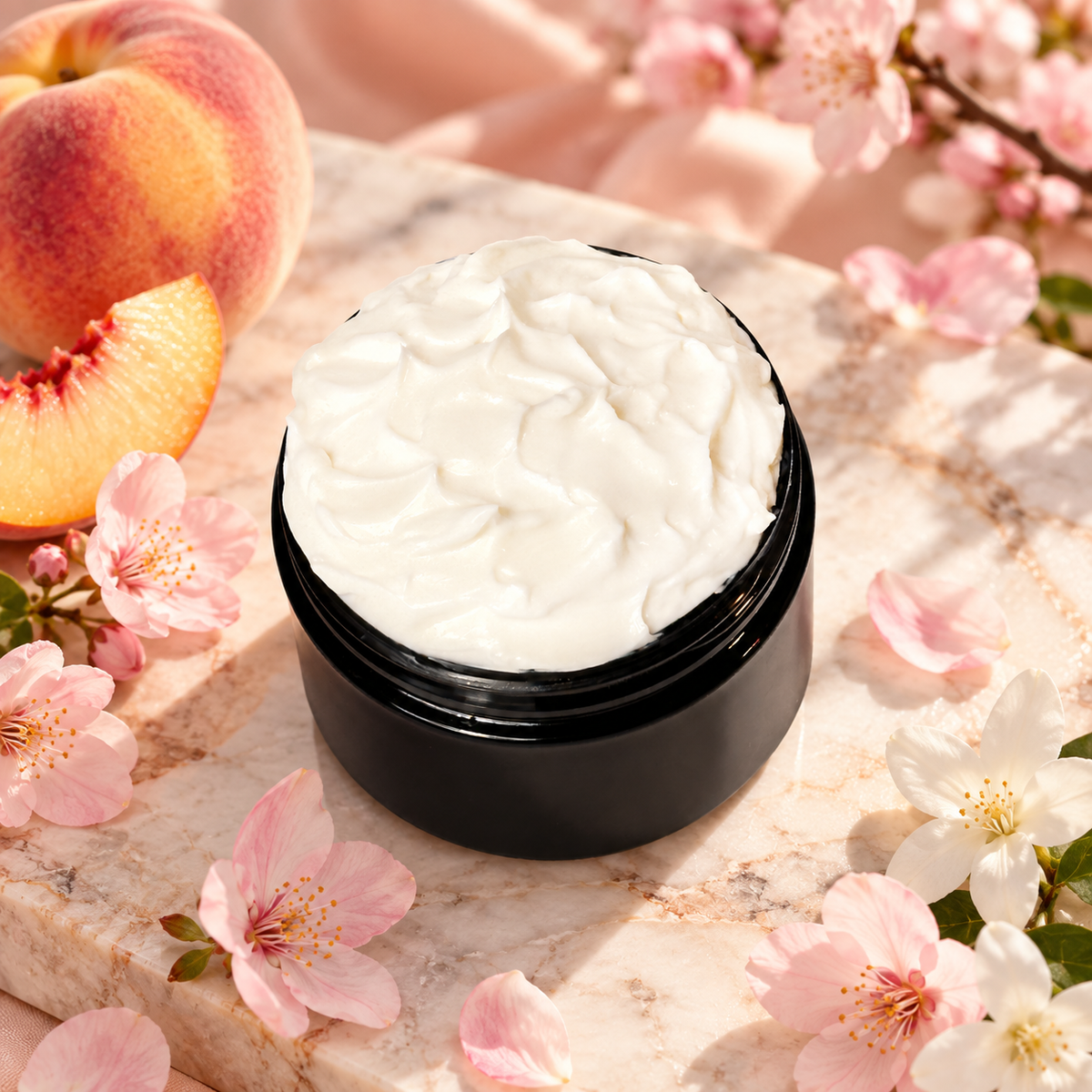 Open jar of Phat Bath & Body Spellbound Body Lotion surrounded by peach, cherry blossom and delicate floral accents.