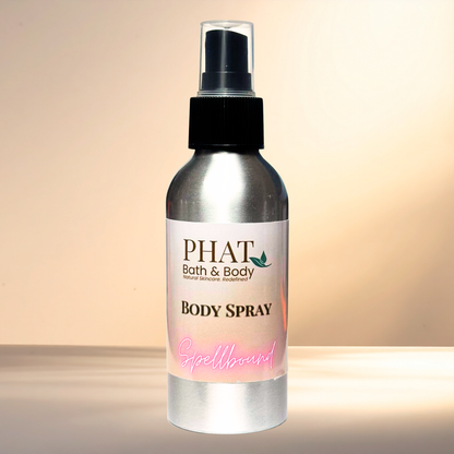 Body spray bottle with 'PHAT Bath & Body' label on a gradient background