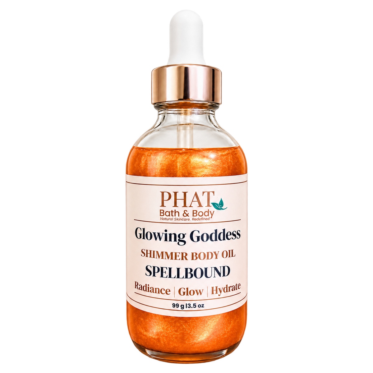 Phat Bath & Body Glowing Goddess Shimmer Body Oil in Spellbound, 3.5 oz glass dropper bottle with radiant golden shimmer.