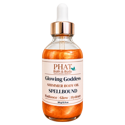 Phat Bath & Body Glowing Goddess Shimmer Body Oil in Spellbound, 3.5 oz glass dropper bottle with radiant golden shimmer.