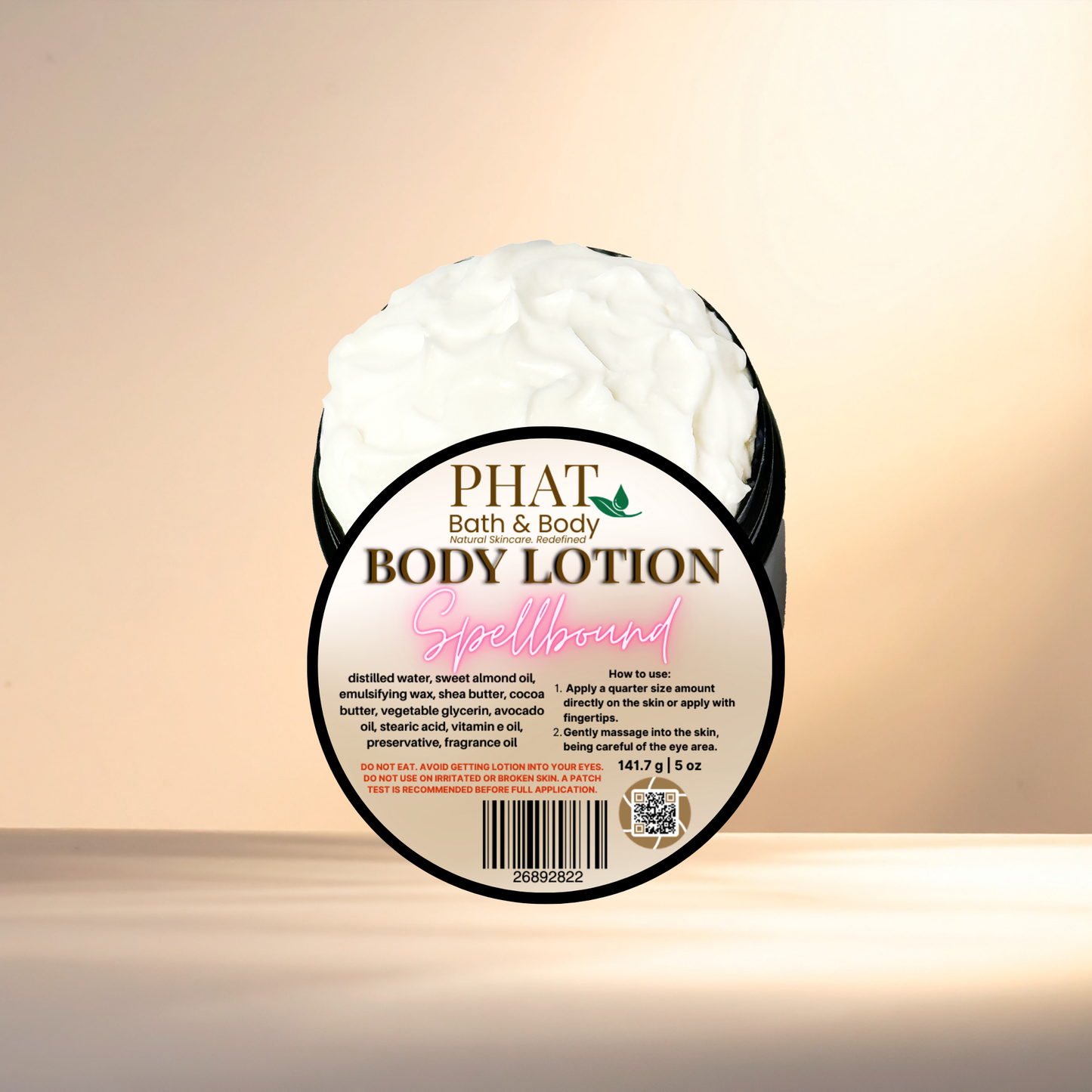 Body lotion container with 'PHAT Bath & Body' label on a gradient background