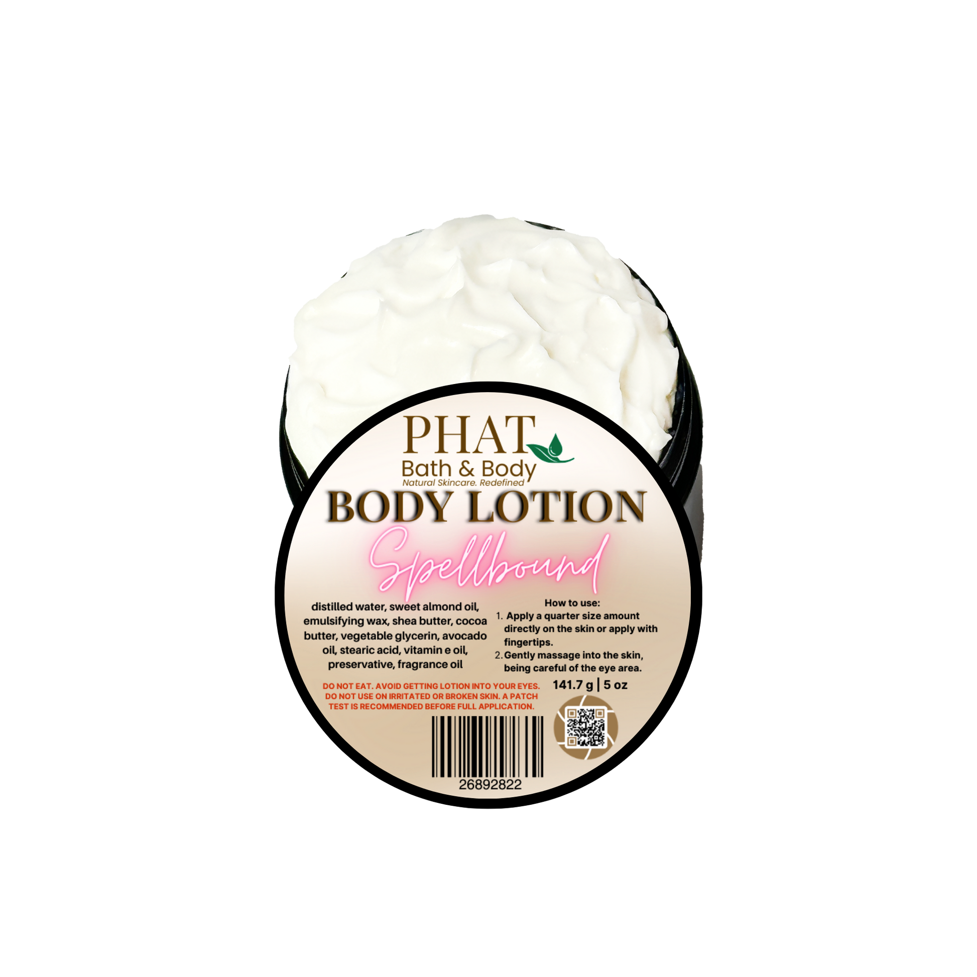 Body lotion container with 'Phat Bath & Body' label on a white background