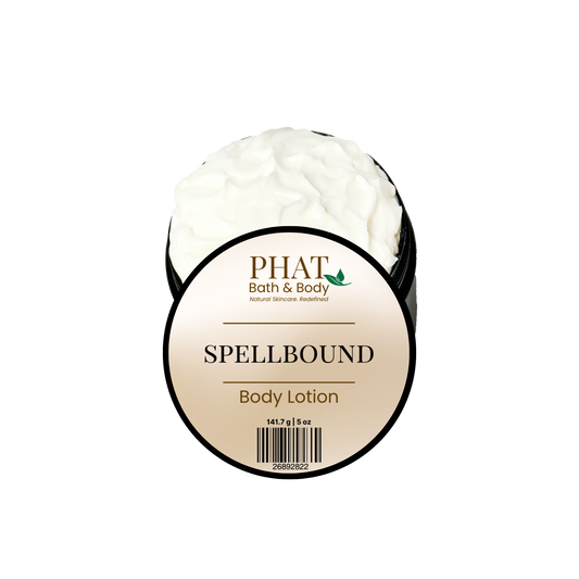 Body lotion container labeled 'Spellbound' by Phat Bath & Body on a white background
