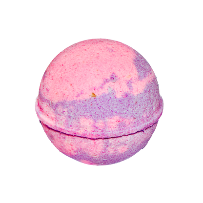 Pink and purple bath bomb on a white background