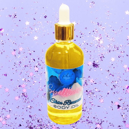 Bottle of body oil with a dropper on a purple background with star confetti