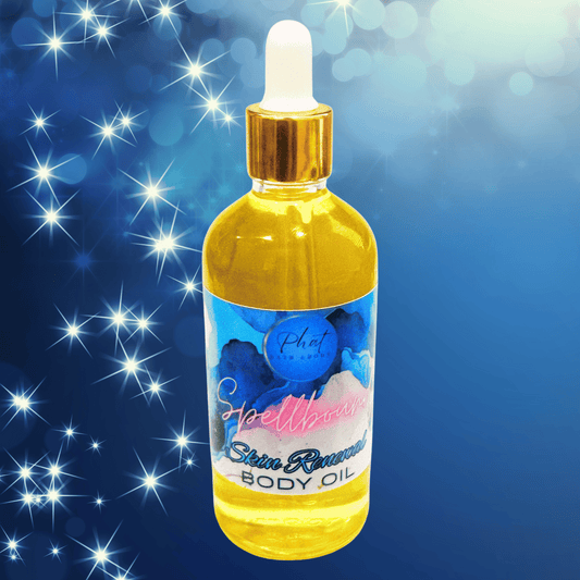 Bottle of body oil with a blue label on a sparkling blue background