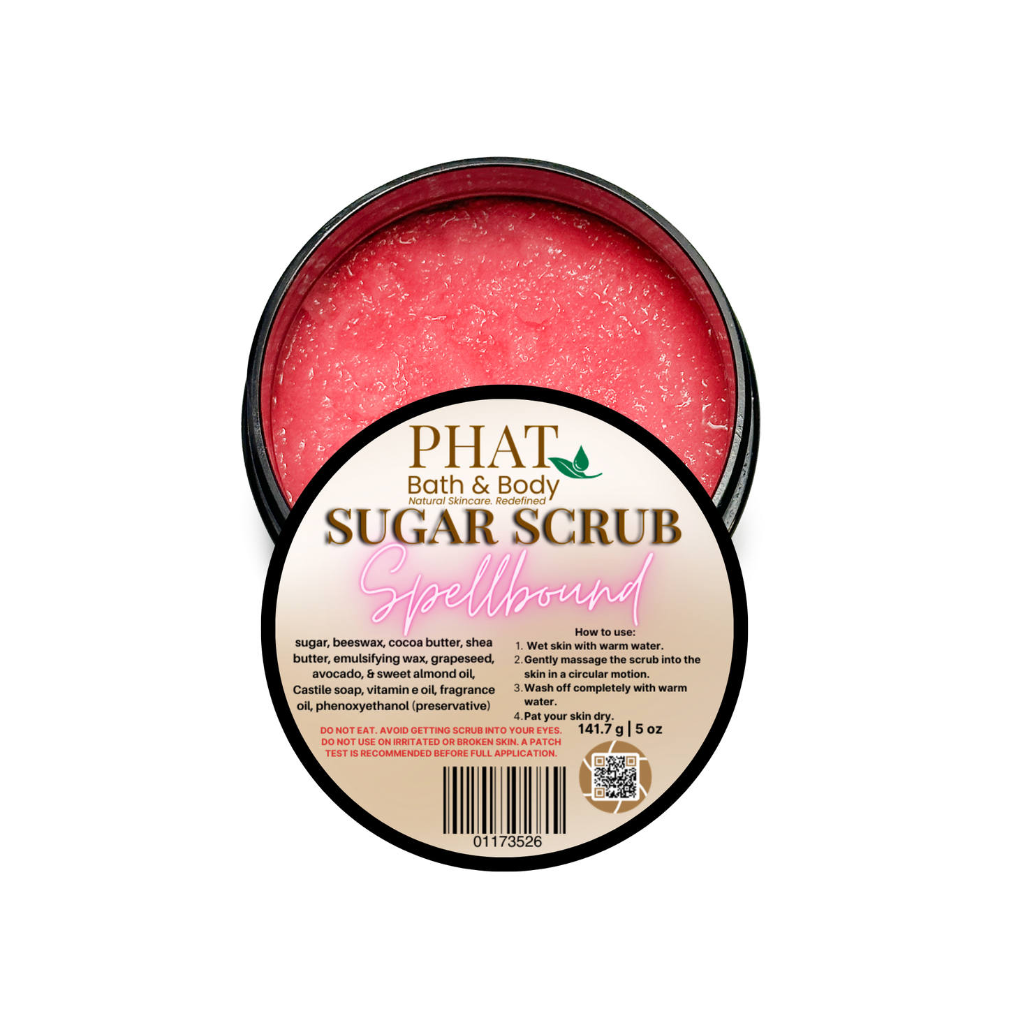 PHAT Bath & Body sugar scrub container with pink scrub and label on a white background