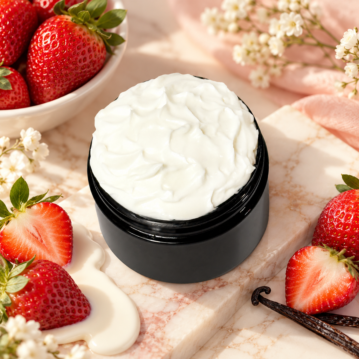 Open jar of Phat Bath & Body Strawberries & Cream Body Lotion with fresh strawberries, cream and vanilla inspired styling.