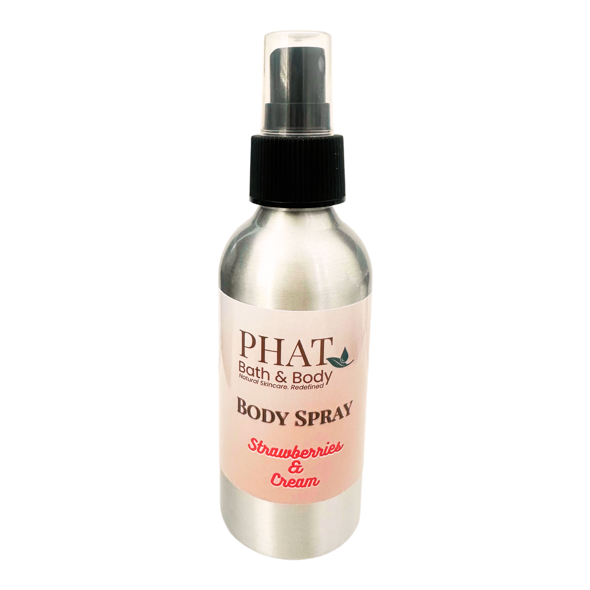 Body spray bottle labeled 'PHAT Bath & Body' with 'Strawberries & Cream' flavor on a white background