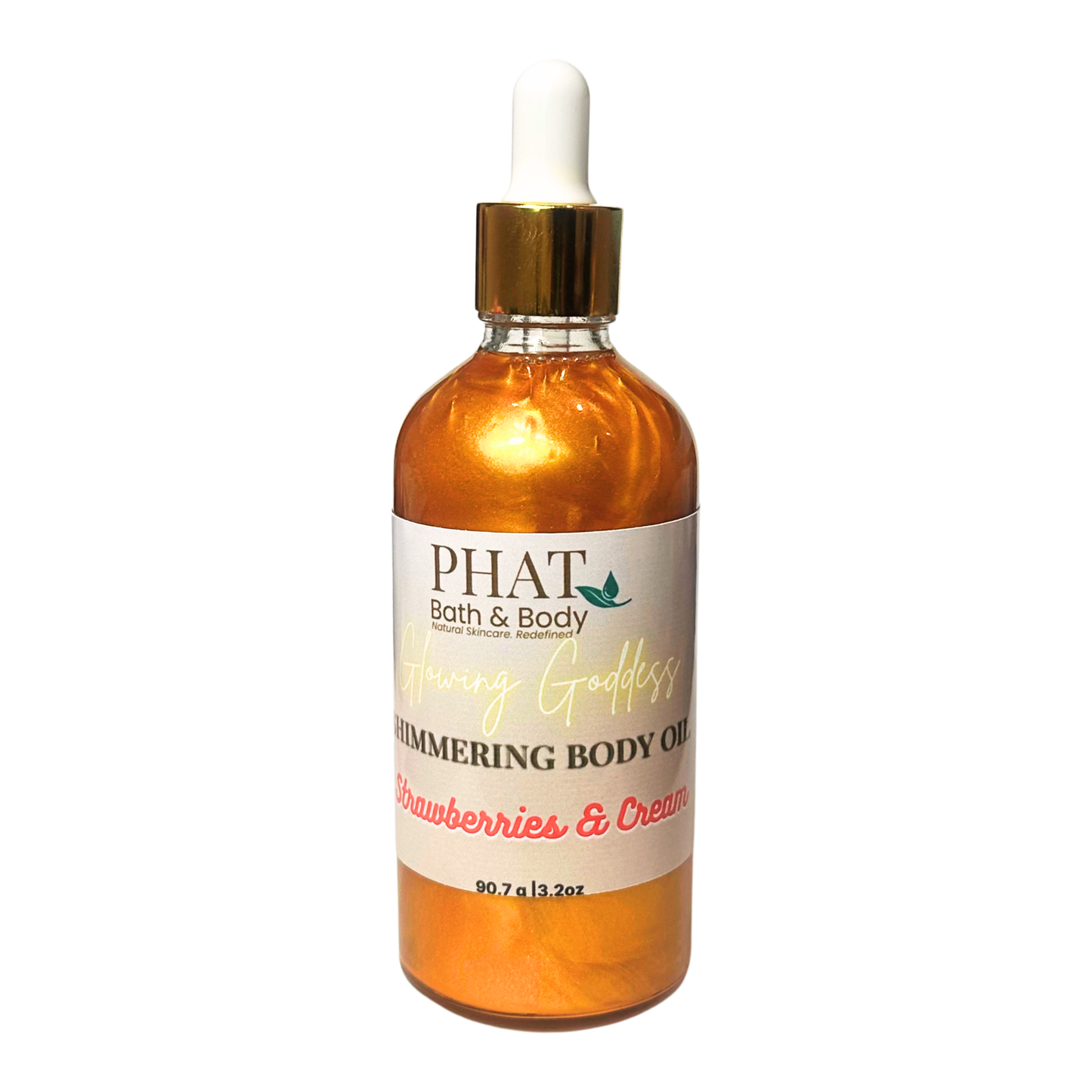 Bottle of PHAT Bath & Body shimmering body oil with a dropper on a white background