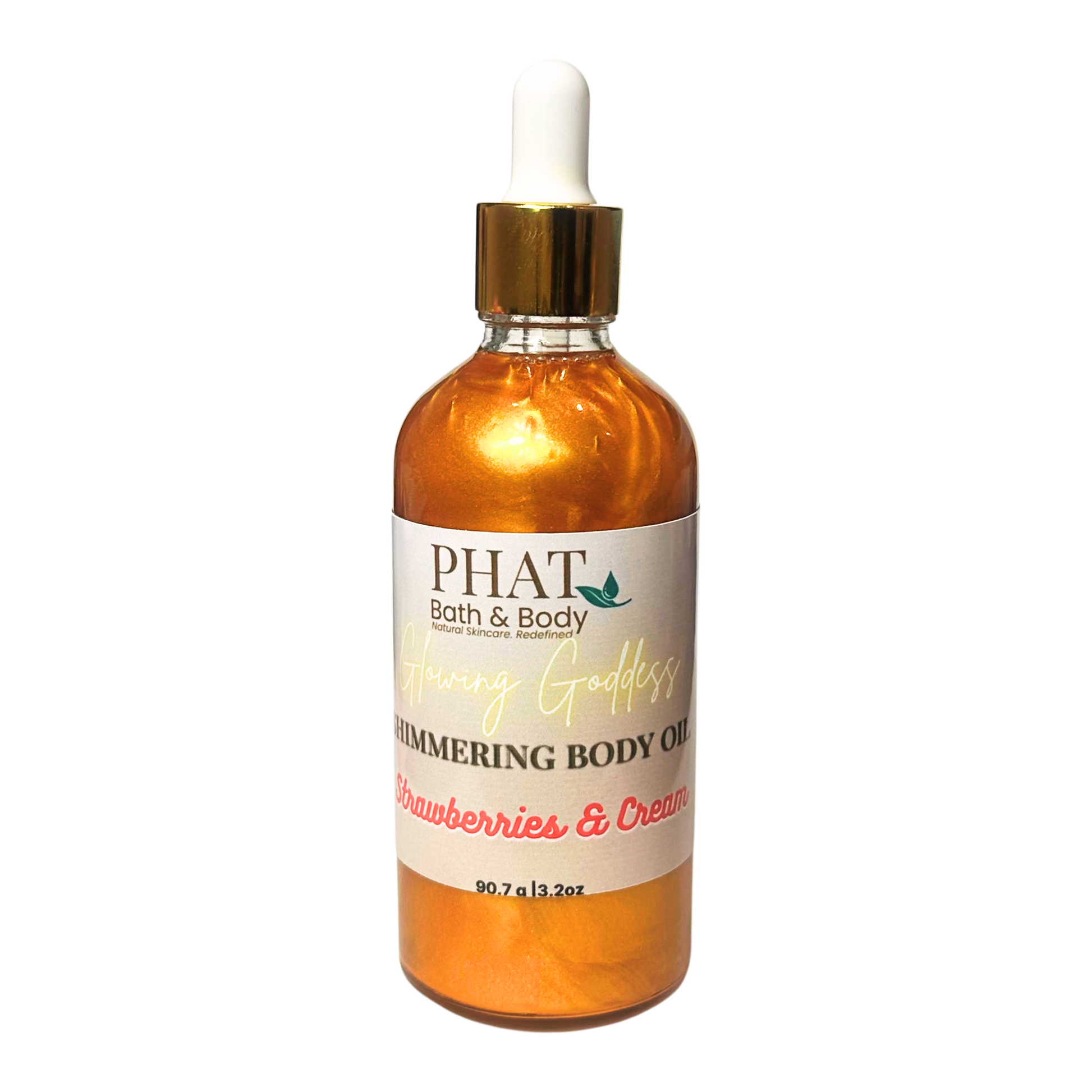 Bottle of PHAT Bath & Body shimmering body oil with a dropper on a white background