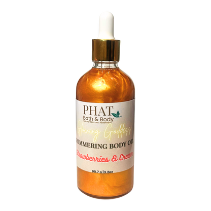 Bottle of PHAT Bath & Body shimmering body oil with a dropper on a white background