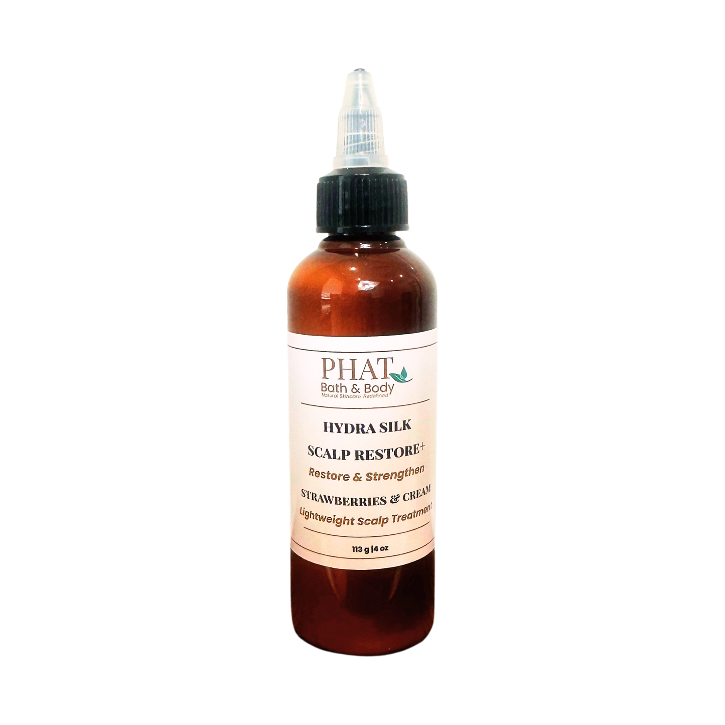 PHAT Bath & Body Hydra Silk Scalp Restore + hair treatment in an amber bottle with a black cap and white label, shown on a plain white background.