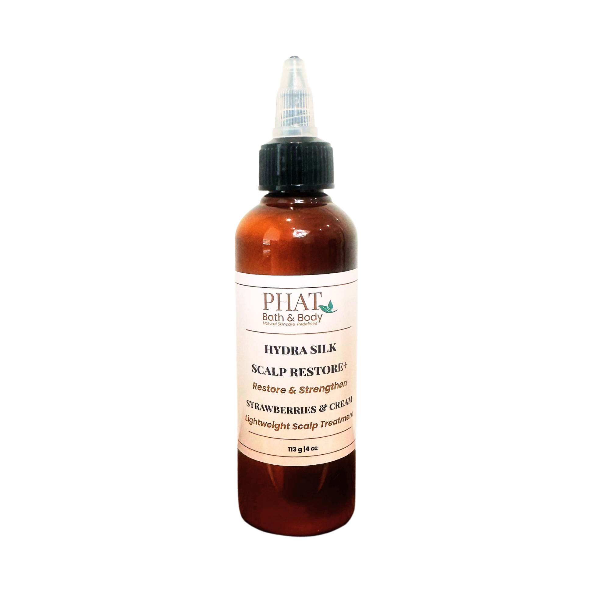PHAT Bath & Body Hydra Silk Scalp Restore + hair treatment in an amber bottle with a black cap and white label, shown on a plain white background.