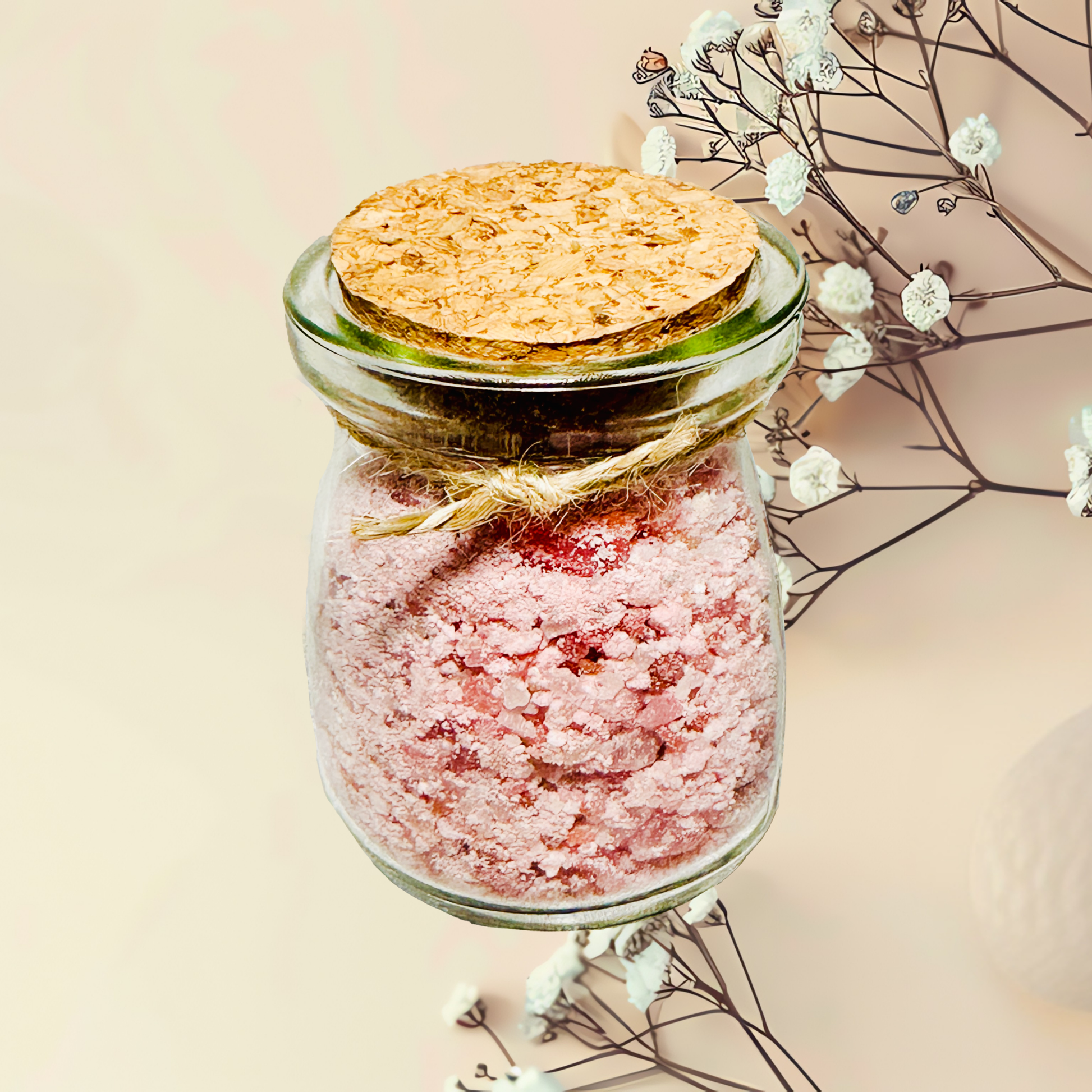 Glass jar with pink bath salt and a wooden lid on a light background