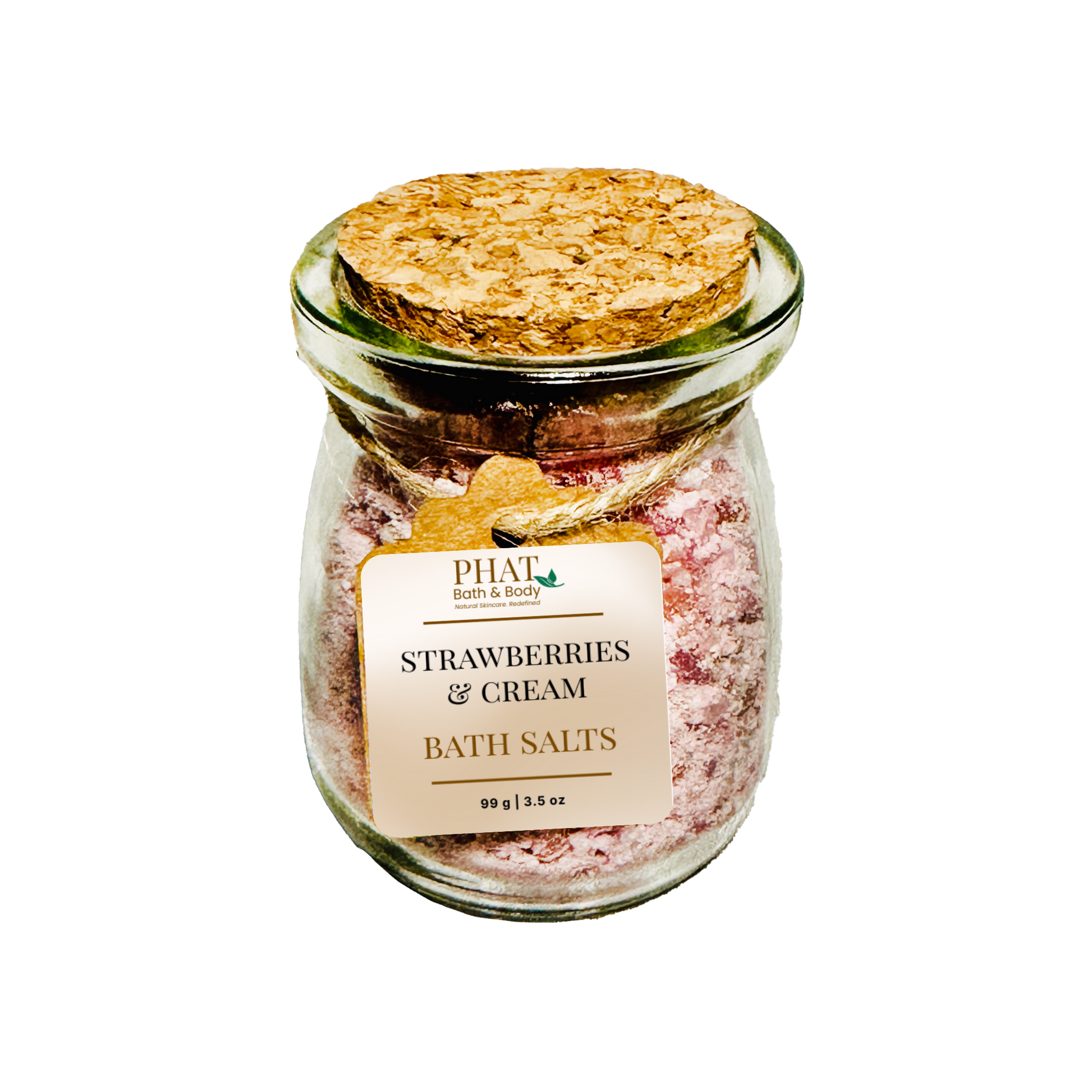 Jar of 'Strawberries & Cream' bath salts with a cork lid on a white background