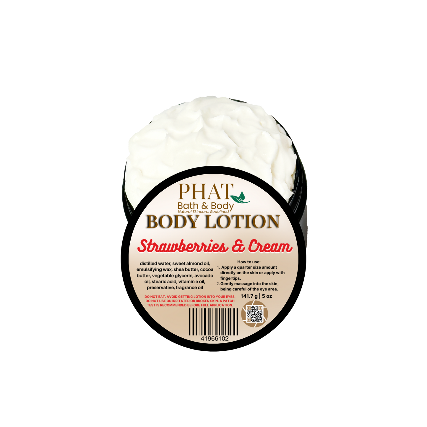 Body lotion container labeled 'Strawberries & Cream' by Phat Bath & Body on a white background