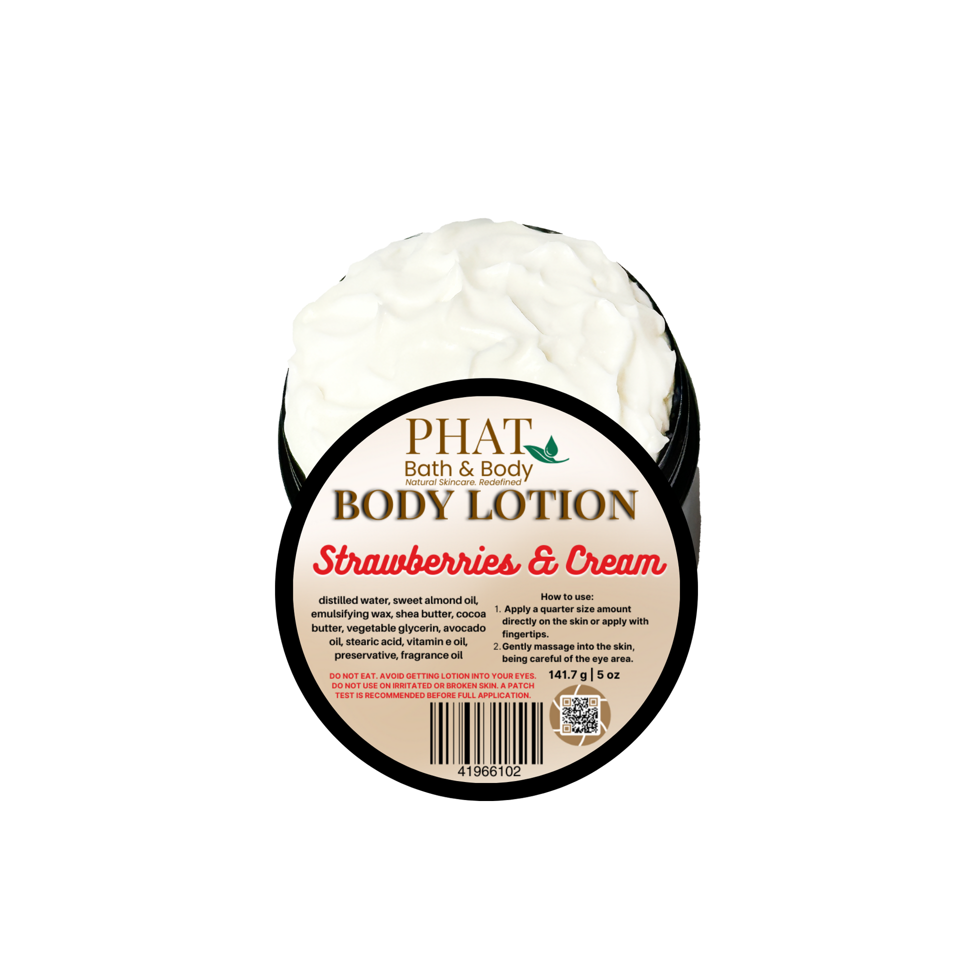 Body lotion container labeled 'Strawberries & Cream' by Phat Bath & Body on a white background