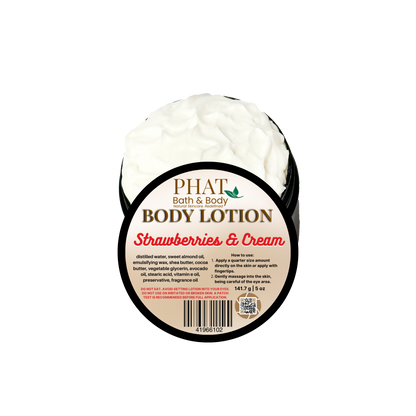 Body lotion container labeled 'Strawberries & Cream' by Phat Bath & Body on a white background