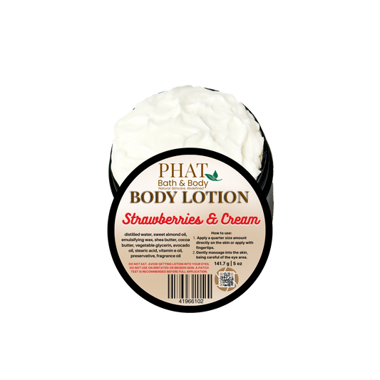 Body lotion container labeled 'Strawberries & Cream' by Phat Bath & Body on a white background