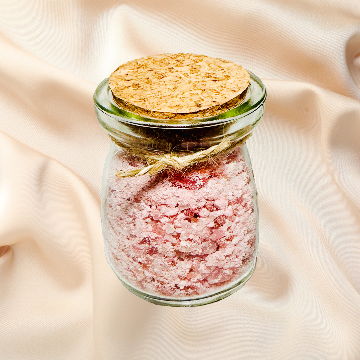 Glass jar with pink bath salts and cork lid on a soft beige fabric background