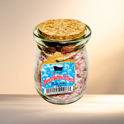 Jar of 'Strawberries & Cream' bath salts with a cork lid on a gradient background