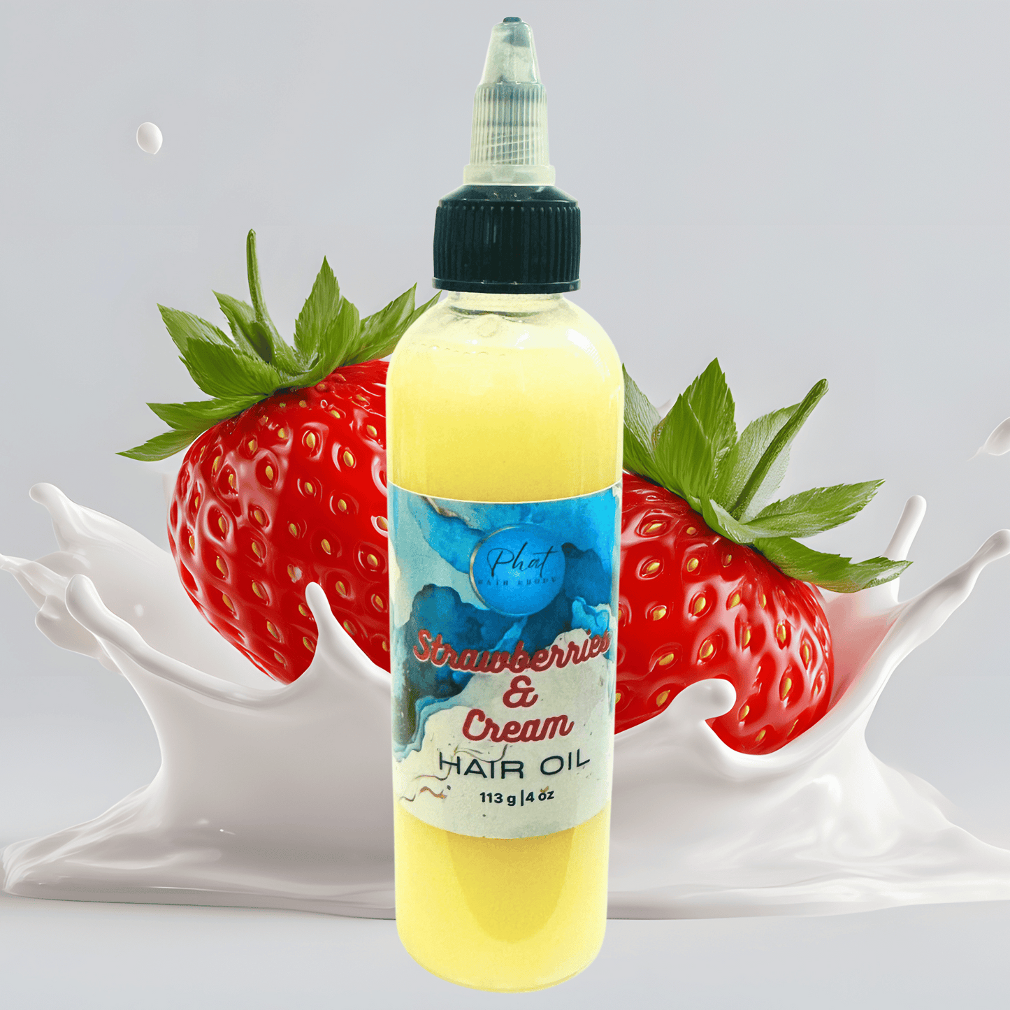 Bottle of 'Strawberries & Cream' hair oil with strawberries and cream splashes on a light gray background